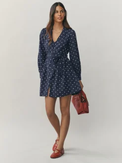 Bleu marine/blanc à pois - Court robe chemise à col et manches longues