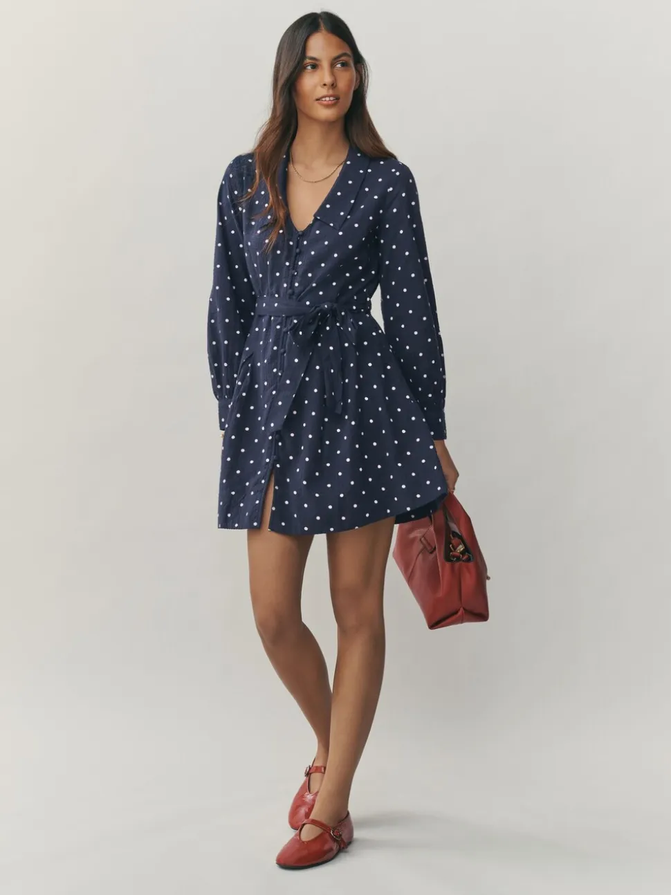 Bleu marine/blanc à pois - Court robe chemise à col et manches longues