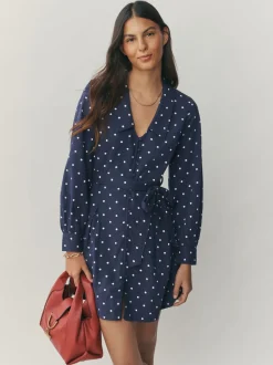 Bleu marine/blanc à pois - Court robe chemise à col et manches longues