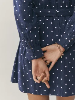 Bleu marine/blanc à pois - Court robe chemise à col et manches longues