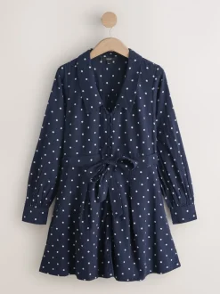 Bleu marine/blanc à pois - Court robe chemise à col et manches longues