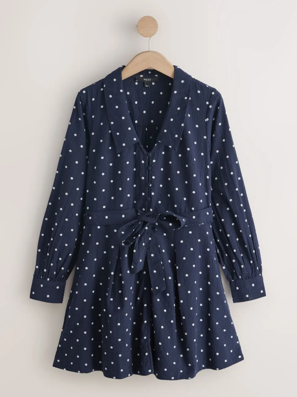 Bleu marine/blanc à pois - Court robe chemise à col et manches longues