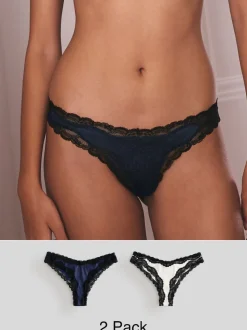 Bleu marine/Champagne - Lot de 2 culottes brésiliennes brillantes et bordées de dentelle