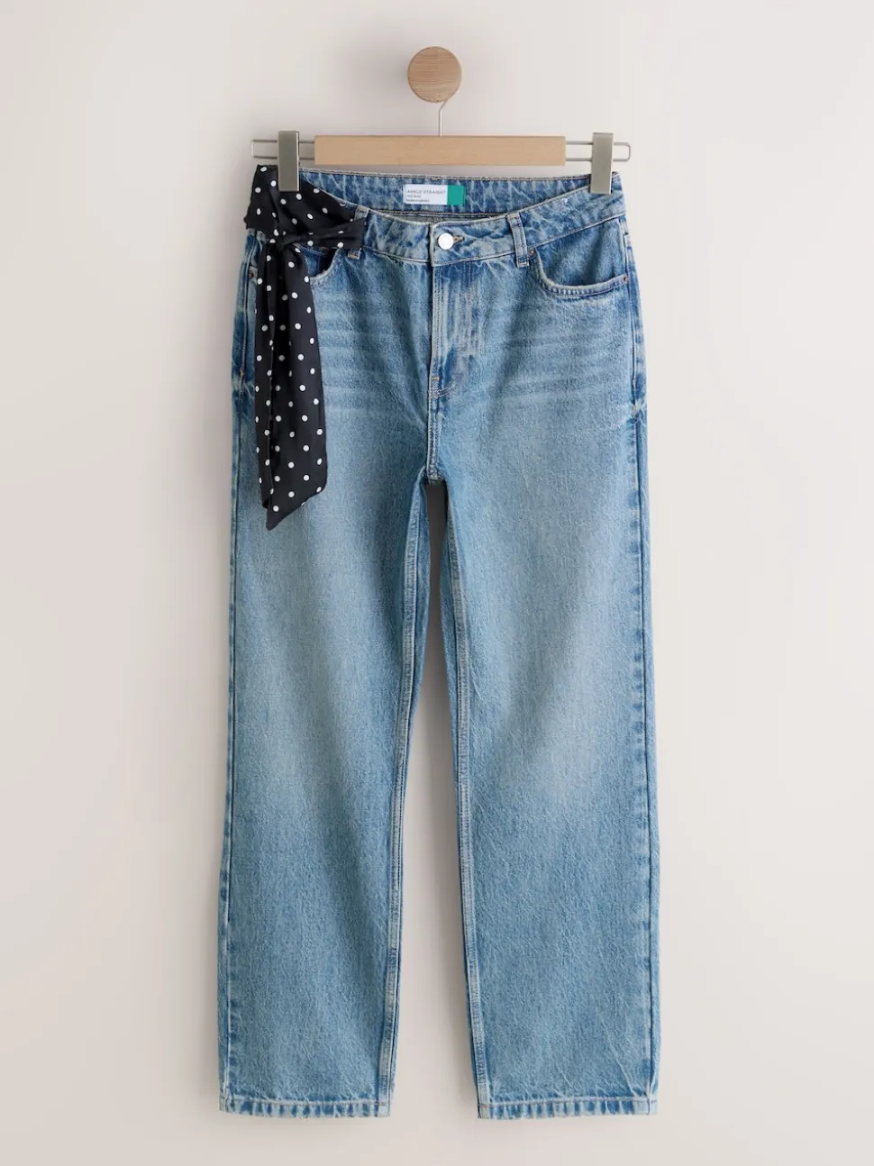 Bleu Milieu à pois - Jean droit taille milieu avec écharpe