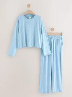 Bleu motif étoiles - Pyjama à manches longues doux cœur
