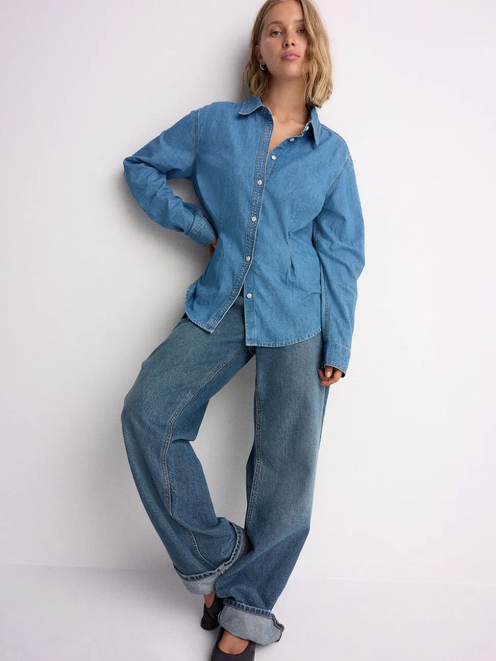 Bleu moyen - Chemise en Denim ajustée à taille cintrée