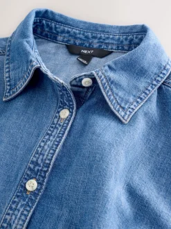 Bleu moyen - Chemise en denim ajustée à manches longues à taille cintrée