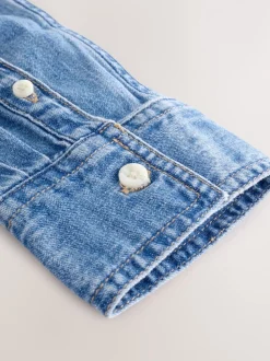 Bleu moyen - Chemise en denim ajustée à manches longues à taille cintrée
