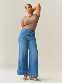 Bleu moyen - Jean sablier large stretch taille haute