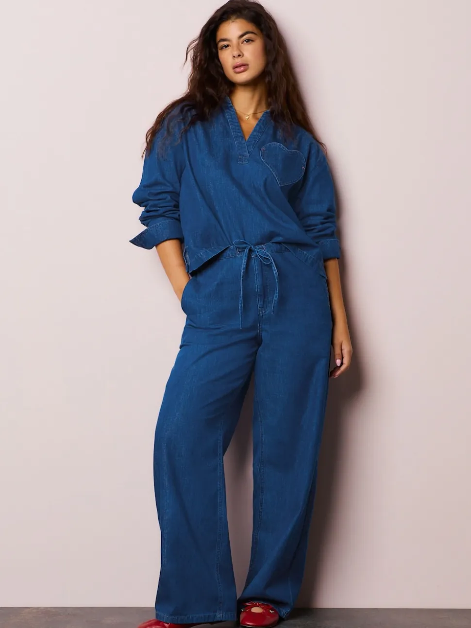 Bleu moyen - Joggings jambe large avec poche cœur