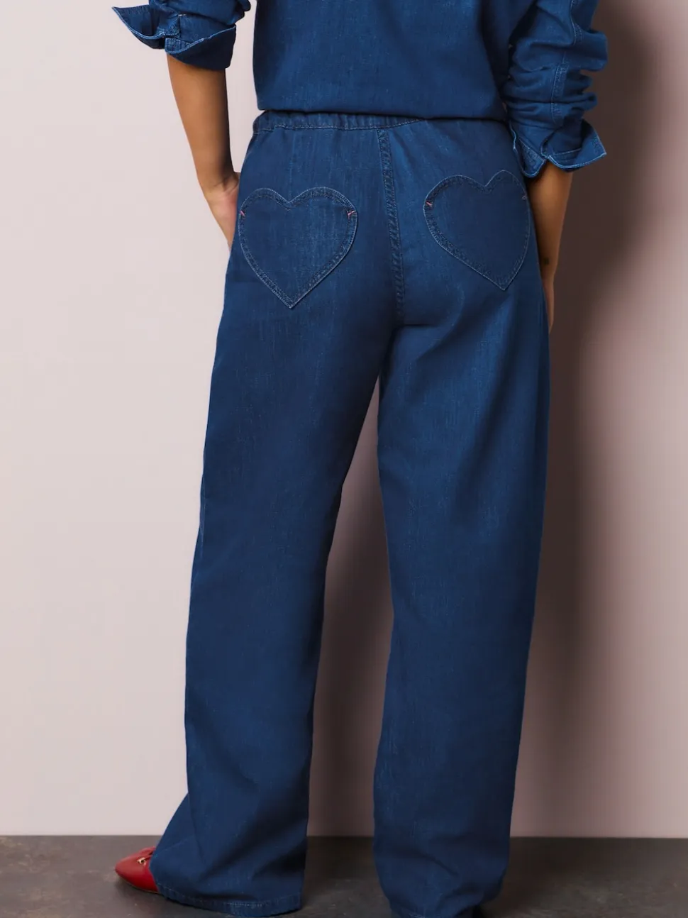 Bleu moyen - Joggings jambe large avec poche cœur