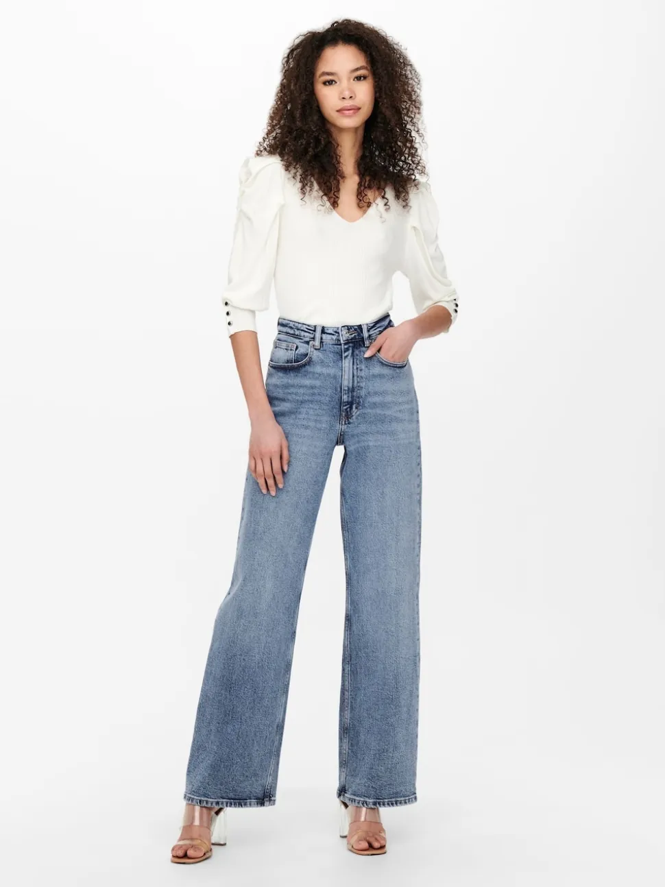 Bleu moyen - Only Taille haute Ample 100% Coton Jeans
