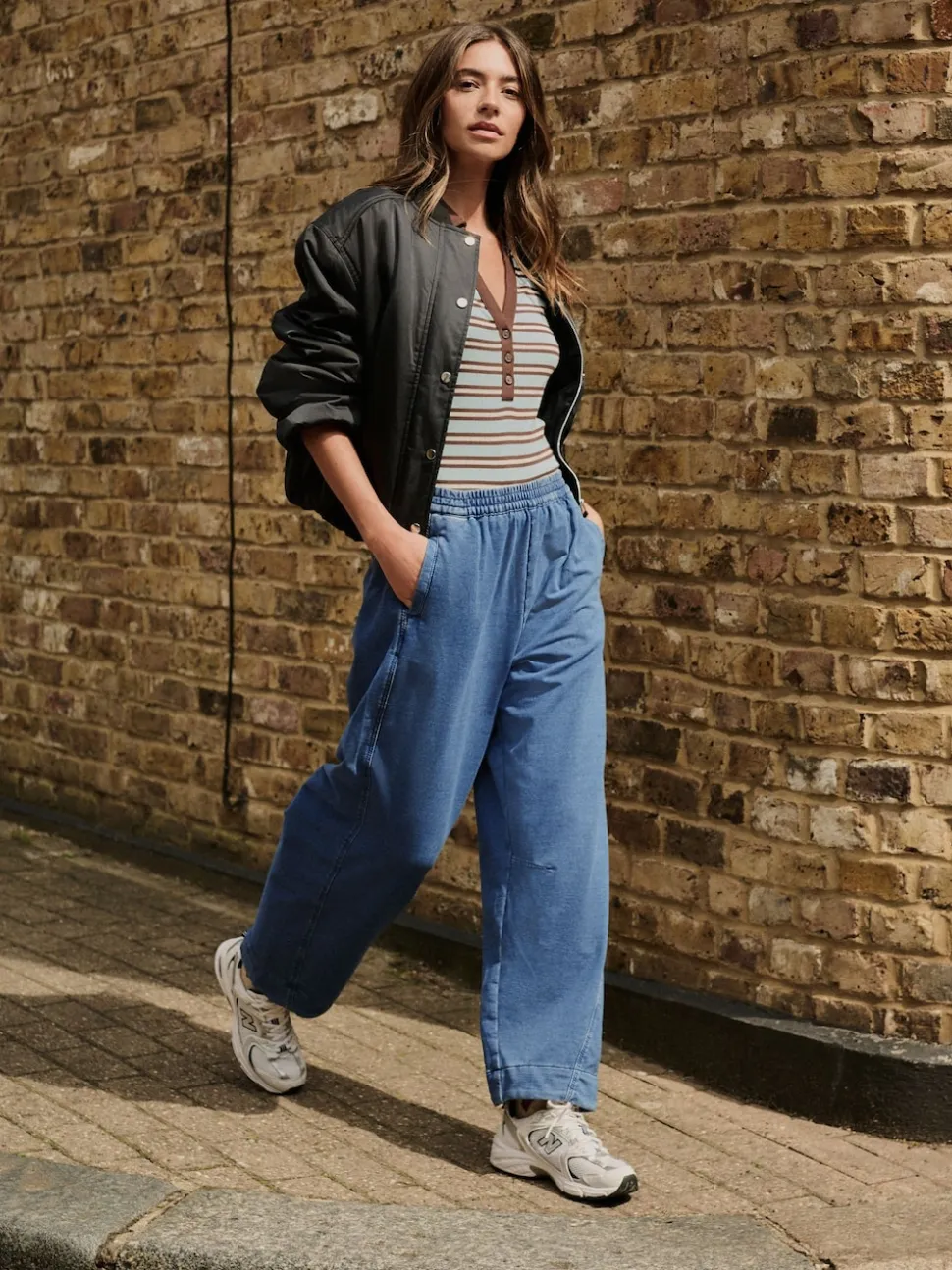 Bleu moyen - Pantalons Coupe ballon en Denim jersey