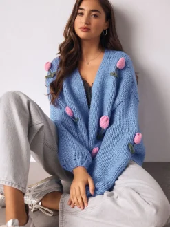 Bleu vif 3D Tulipe - Cardigan en grosse maille doux