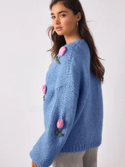 Bleu vif 3D Tulipe - Cardigan en grosse maille doux