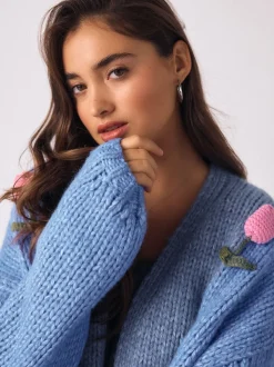 Bleu vif 3D Tulipe - Cardigan en grosse maille doux