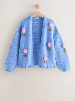 Bleu vif 3D Tulipe - Cardigan en grosse maille doux