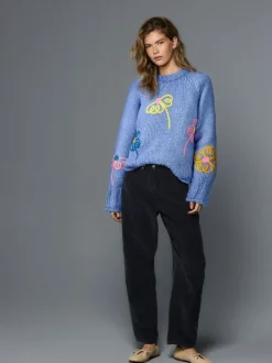 Bleu vif fleuri - Pull à col rond en grosse maille avec laine