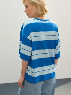 Bleu/Bleu clair - T-shirt oversize décontracté boxy épais à col ras du cou