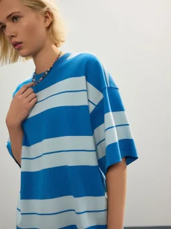 Bleu/Bleu clair - T-shirt oversize décontracté boxy épais à col ras du cou