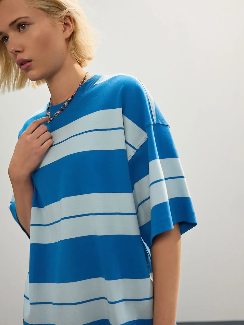 Bleu/Bleu clair - T-shirt oversize décontracté boxy épais à col ras du cou