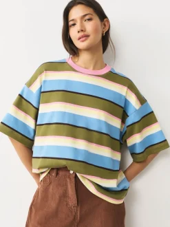 Bleu/vert/rose rayé - T-shirt décontracté à col rond avec longueur coude