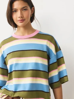 Bleu/vert/rose rayé - T-shirt décontracté à col rond avec longueur coude