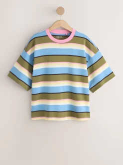 Bleu/vert/rose rayé - T-shirt décontracté à col rond avec longueur coude