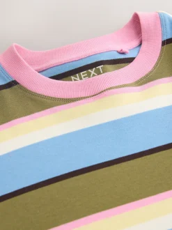 Bleu/vert/rose rayé - T-shirt décontracté à col rond avec longueur coude