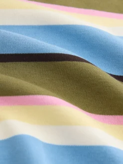 Bleu/vert/rose rayé - T-shirt décontracté à col rond avec longueur coude