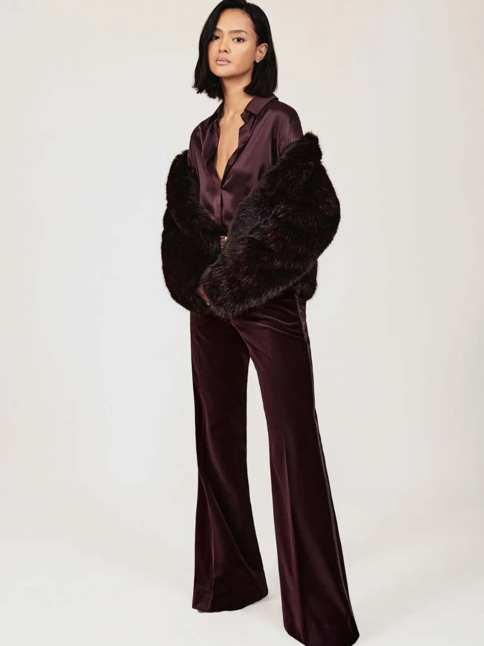 bordeaux - Pantalon évasé Reiss Elia à rayures style smoking en velours
