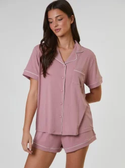 Bordure rose/blanc poudré - Loungeable pyjama côtelé doux à manches courtes boutonné