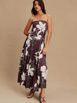 Bourgogne/Ecru - Floral Print Satin Midi Skirt