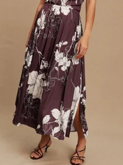 Bourgogne/Ecru - Floral Print Satin Midi Skirt