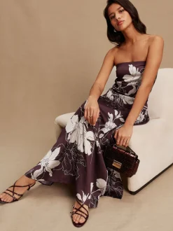 Bourgogne/Ecru - Floral Print Satin Midi Skirt