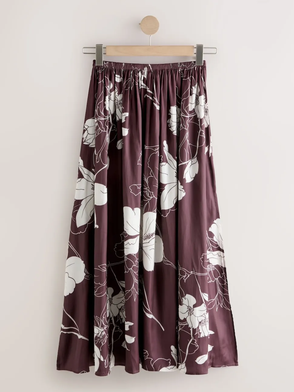 Bourgogne/Ecru - Floral Print Satin Midi Skirt