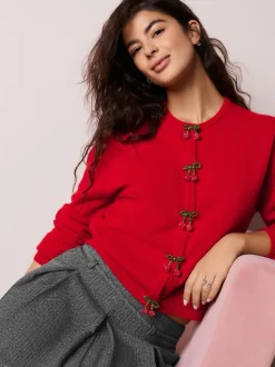 Boutons cerise rouge - Crew Neck Knitted Cardigan With Wool