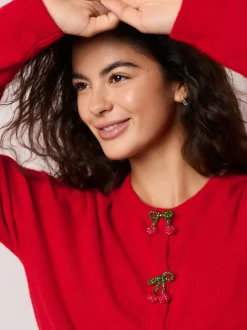 Boutons cerise rouge - Crew Neck Knitted Cardigan With Wool