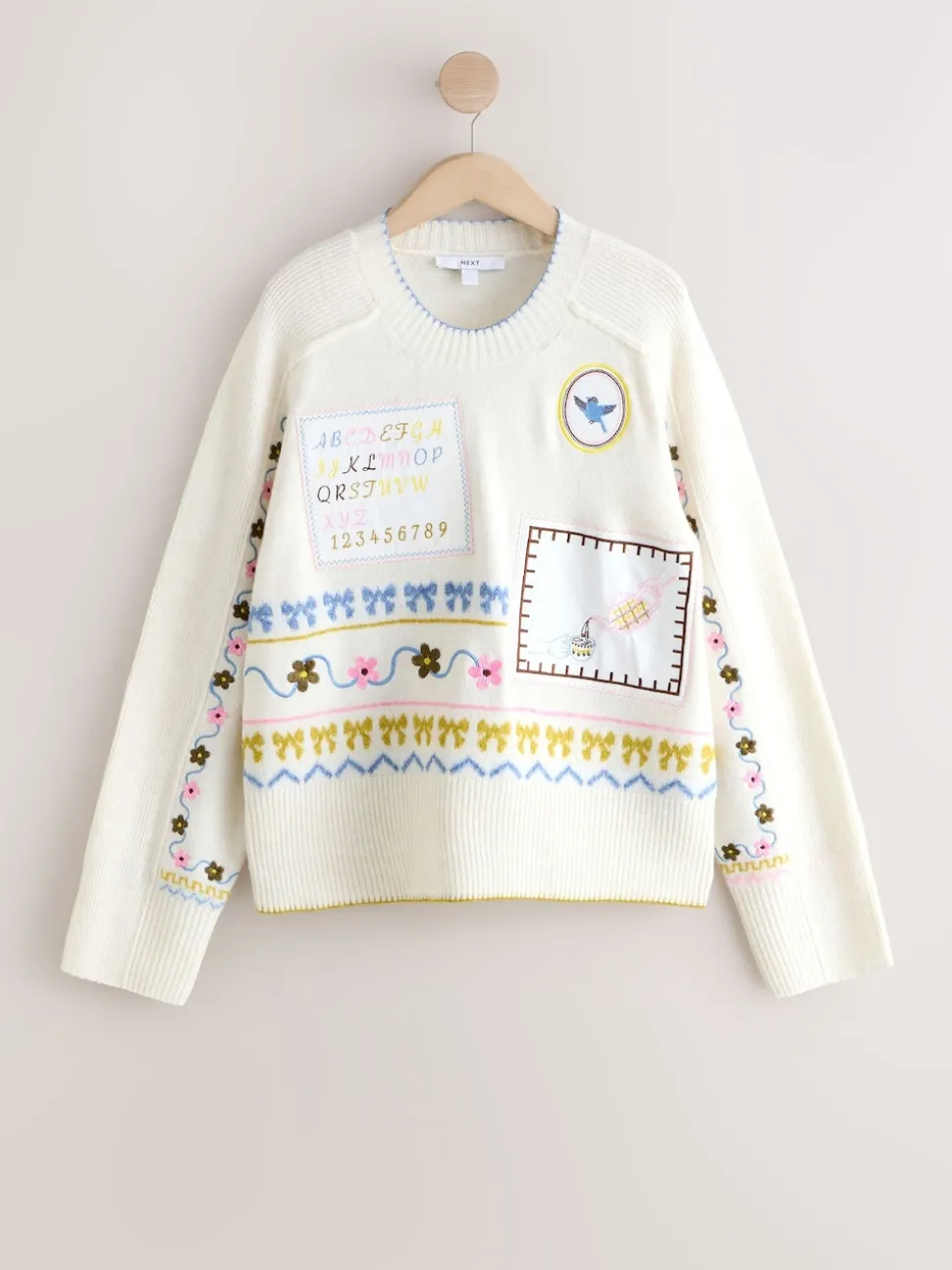 Brodé écru - Pull en maille à col rond en laine