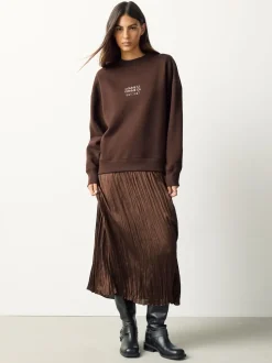 Broderie marron chocolat - Sweat-shirt 2en1 avec jupe mi-longue en satin