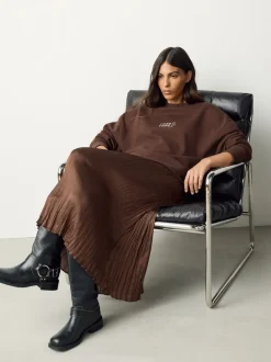 Broderie marron chocolat - Sweat-shirt 2en1 avec jupe mi-longue en satin