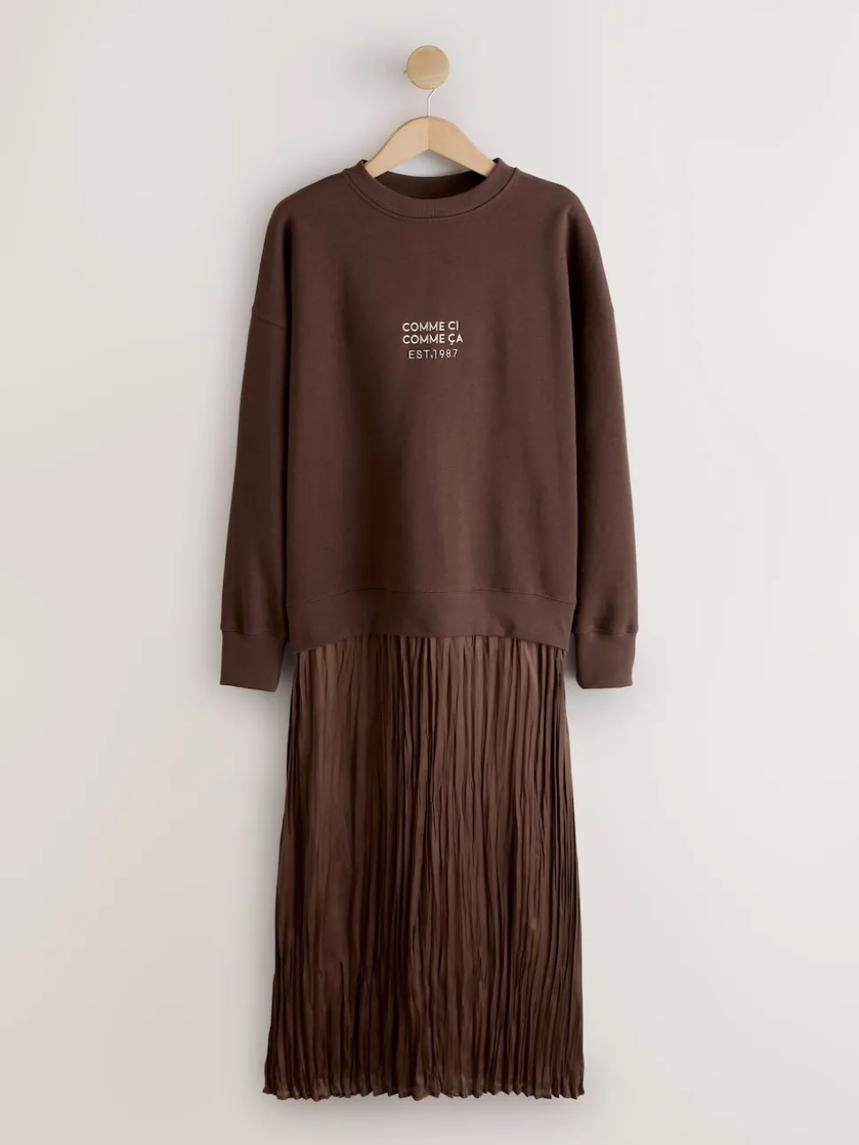 Broderie marron chocolat - Sweat-shirt 2en1 avec jupe mi-longue en satin