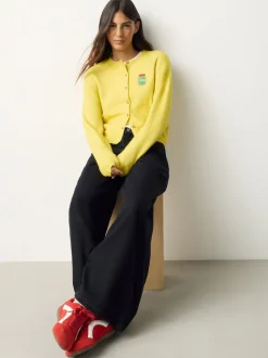 Broderie Pickles jaune - Cardigan tricoté à Col rond en laine