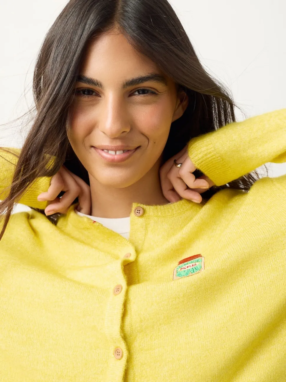 Broderie Pickles jaune - Cardigan tricoté à Col rond en laine