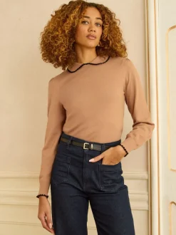 Camel au crochet à liserés - Pull Love & Roses col en maille