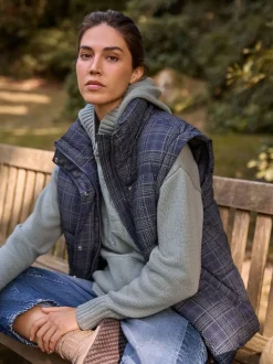 Carreaux bleu marine - Manteau rembourré court avec manches amovibles