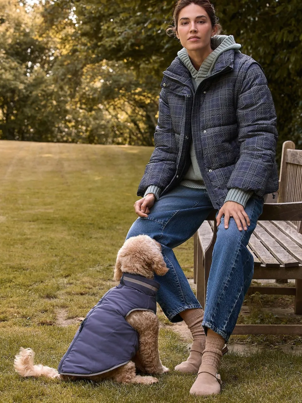 Carreaux bleu marine - Manteau rembourré court avec manches amovibles