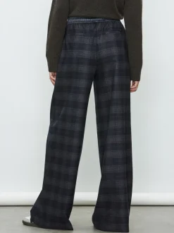 Carreaux bleu marine - Pantalon ample taille en satin