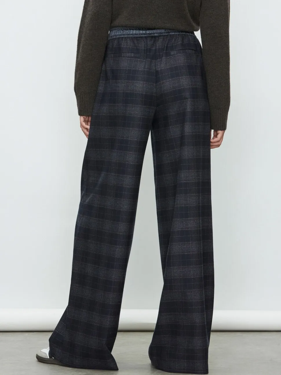 Carreaux bleu marine - Pantalon ample taille en satin