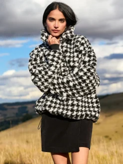 Carreaux noir/blanc à dents de poule - Sweat-shirt en polaire jacquard Teddy Borg à quart de zip